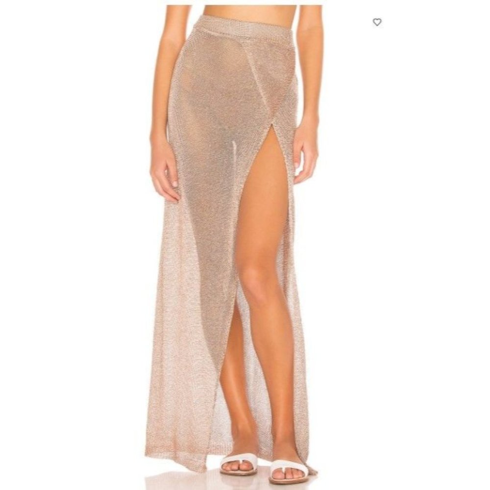 superdown Metallic Beige Mesh Maxi Skirt with High Slit